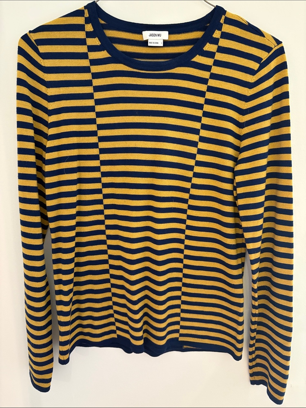 JASON WU Navy and Mustard Striped Crewneck Sweater size L